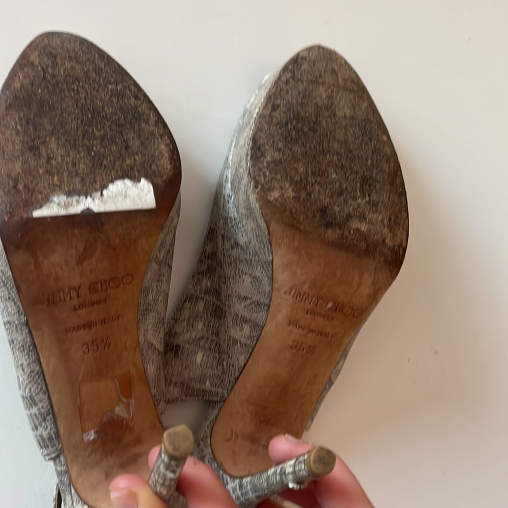 Jimmy Choo Silver Snake-Print Peep Toe Slingback Heels - Picture 5 of 6